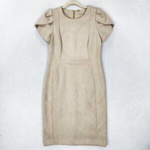Calvin Klein Dress Womens 10 Tan Faux Suede Sheath Flutter Sleeve Knee Length